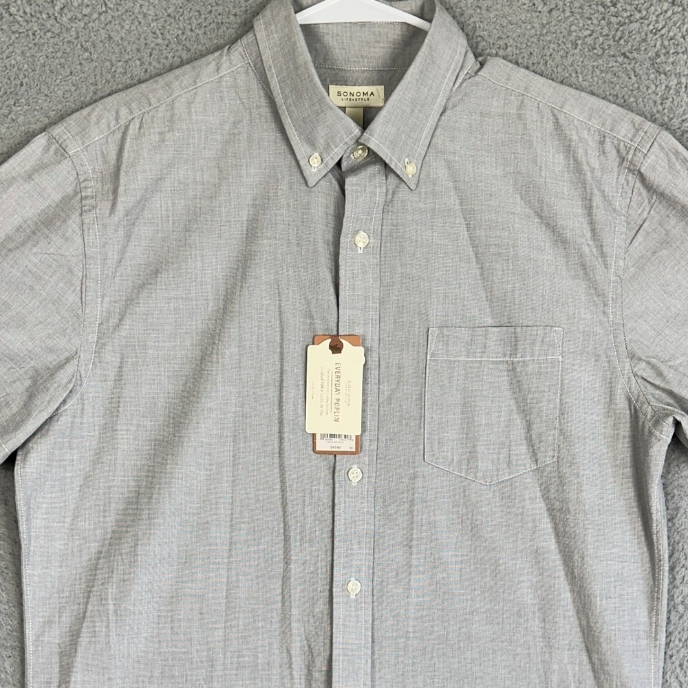 NEW Sonoma Shirt Mens Medium Light Grey Everyday Poplin Button Down Short Sleeve